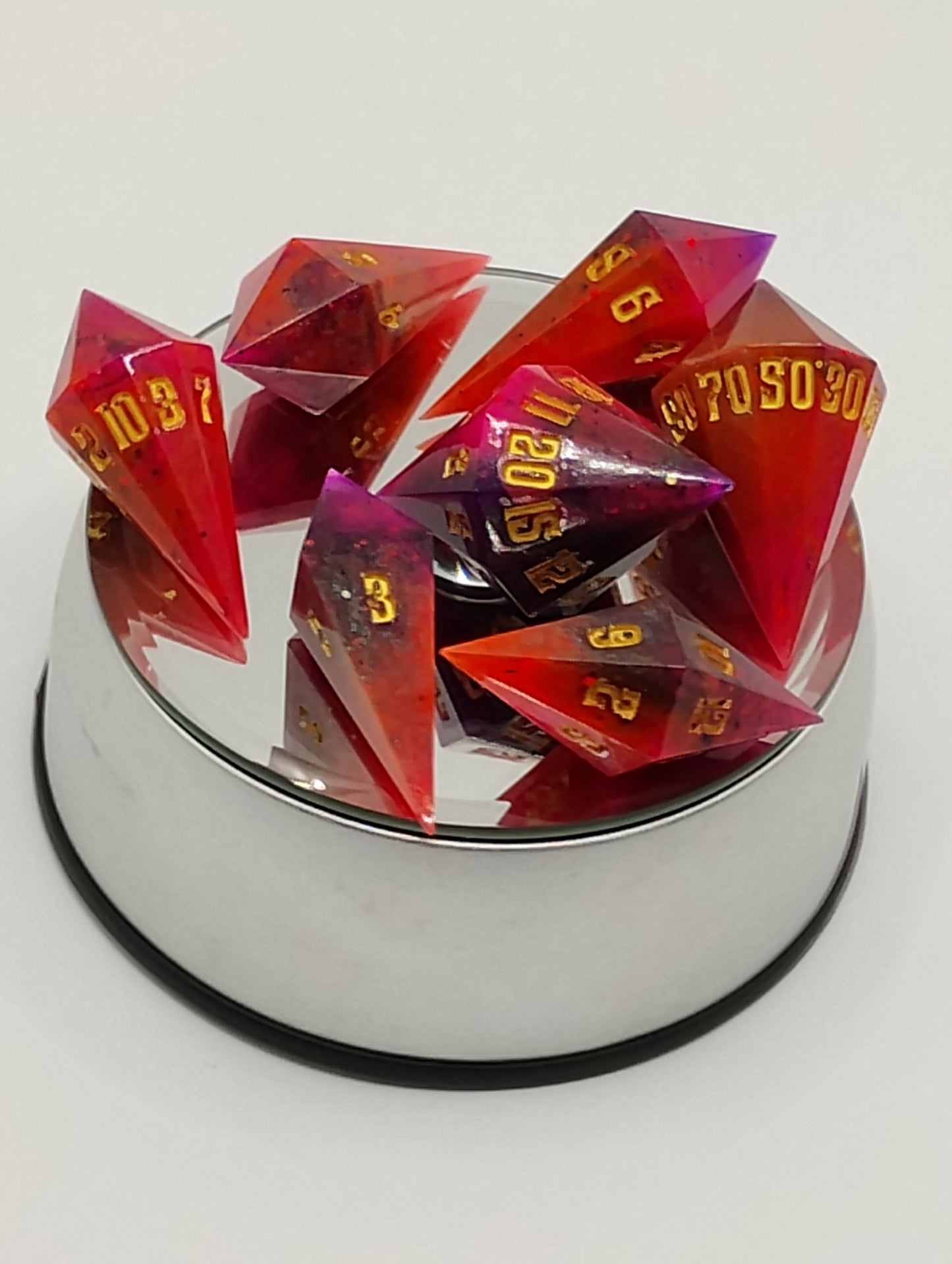 Crystal Sharp-Edged Dice Set Handmade Red & Purple Resin TTRPG Dice with Gold Ink