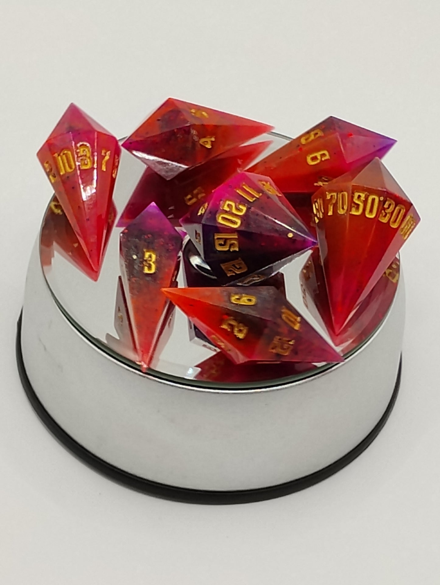 Crystal Sharp-Edged Dice Set Handmade Red & Purple Resin TTRPG Dice with Gold Ink