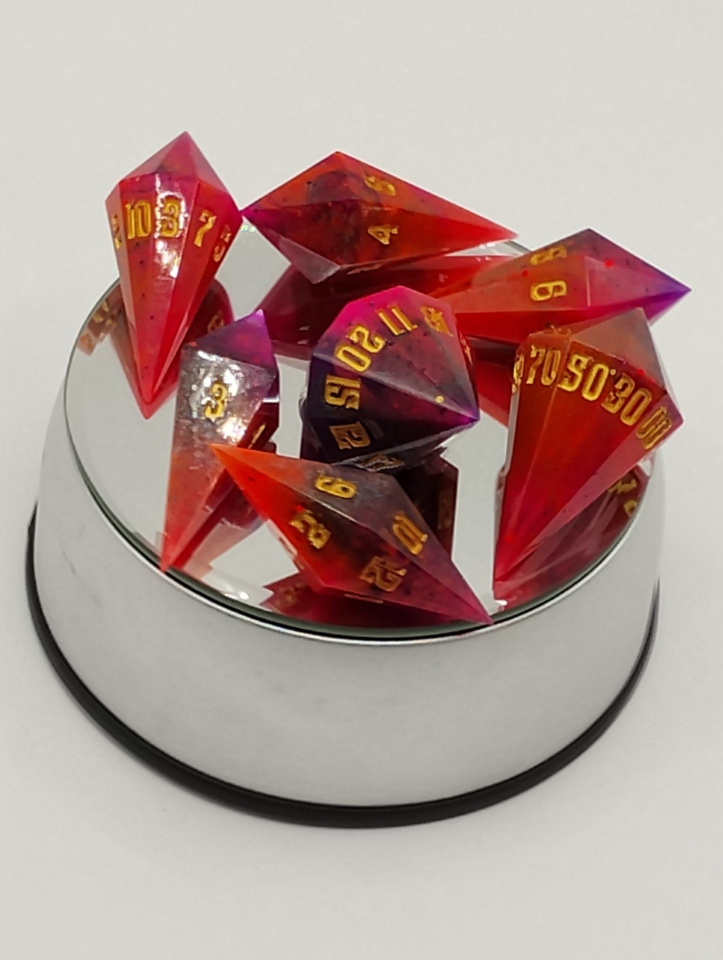 Crystal Sharp-Edged Dice Set Handmade Red & Purple Resin TTRPG Dice with Gold Ink