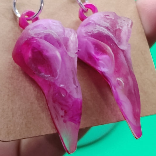 Rosebone Raven Skull Earrings – Gothic Pink Resin Jewelry by Nat20Dicery