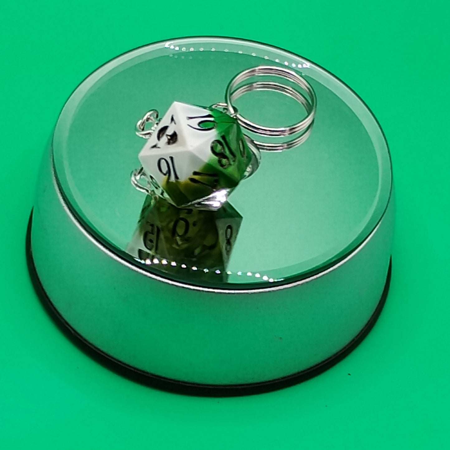Verdant Fate D20 Keychain – Handmade Green & White Dice Charm by Nat20Dicery