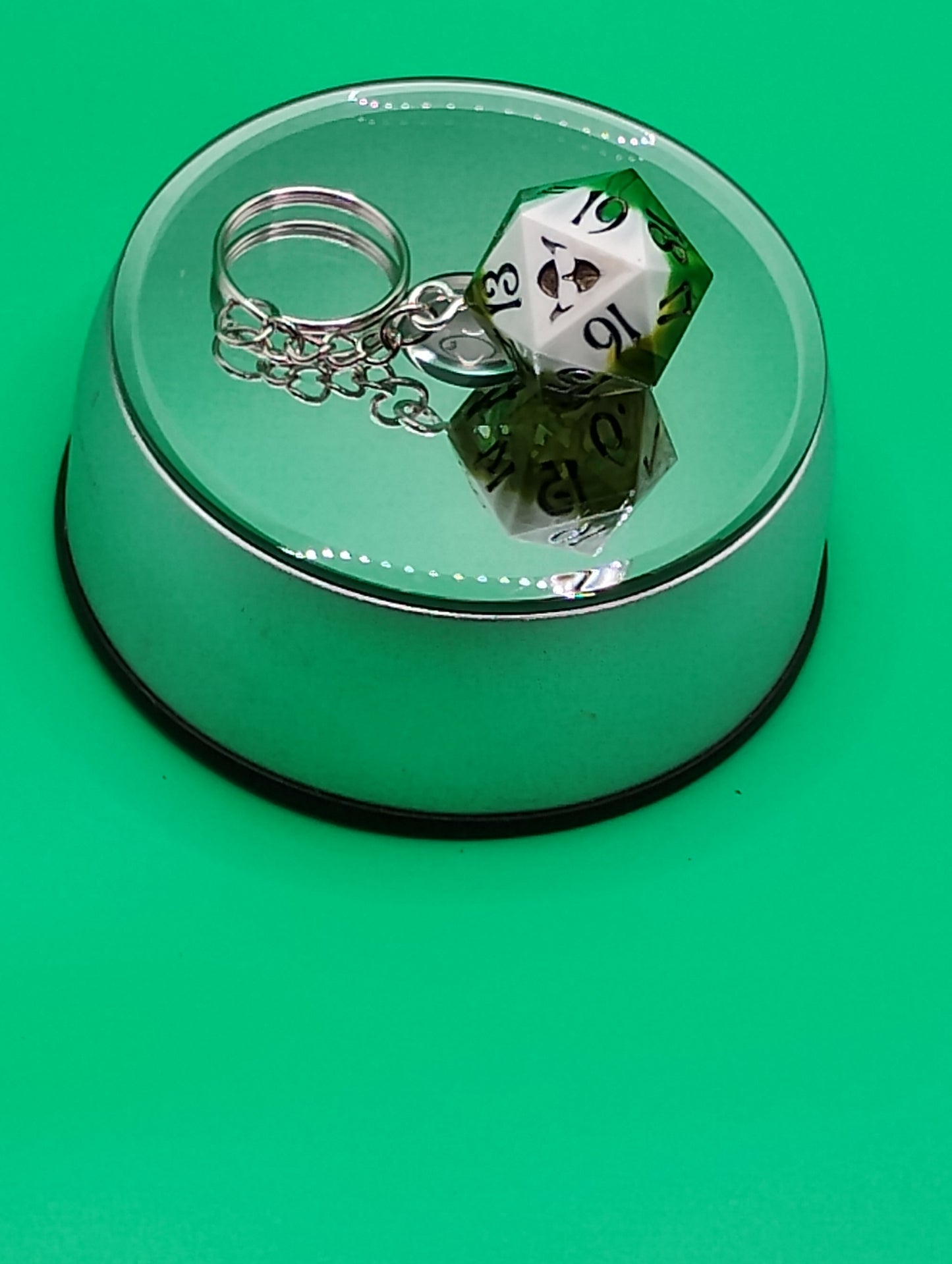 Verdant Fate D20 Keychain – Handmade Green & White Dice Charm by Nat20Dicery