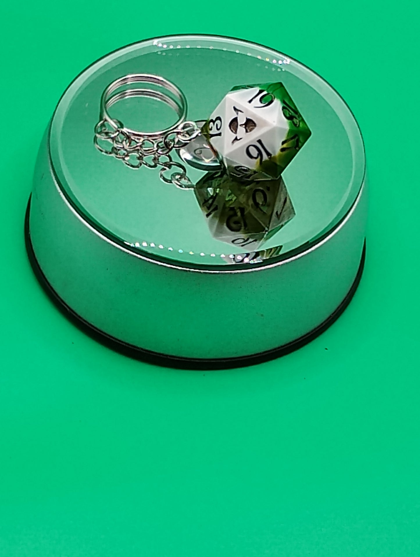Verdant Fate D20 Keychain – Handmade Green & White Dice Charm by Nat20Dicery