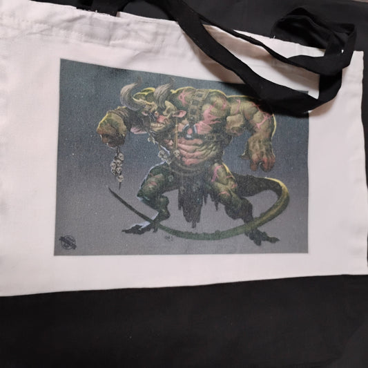 Tote bag with a graphic of a creature on a black background