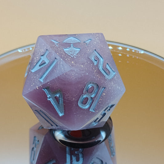 Moonlit Mischief D20 38 mm – Shimmering Purple & Silver Handmade Dice by Nat20Dicery