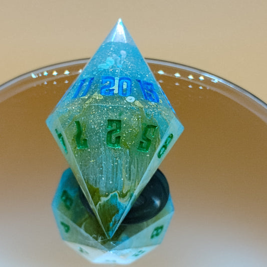 Verdant Depths D20 – Handmade Shimmering Green & Blue Gothic Dice by Nat20Dicery