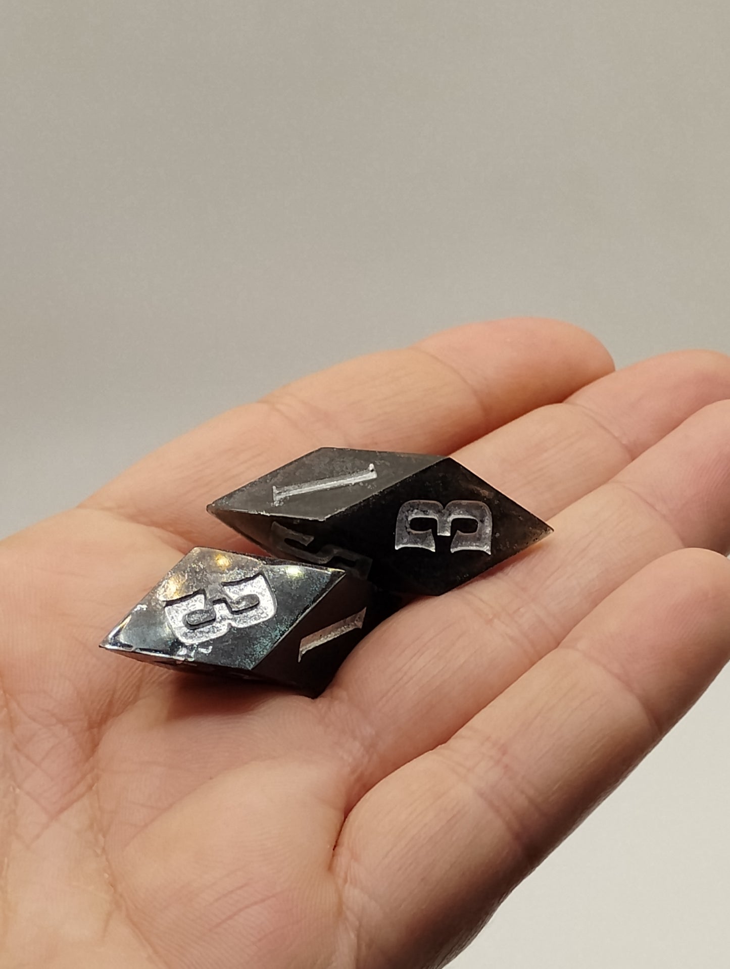 Handmade Rhombic D6 Dice Pair – Black Glimmer & Silver Ink | Dark Fantasy TTRPG Dice