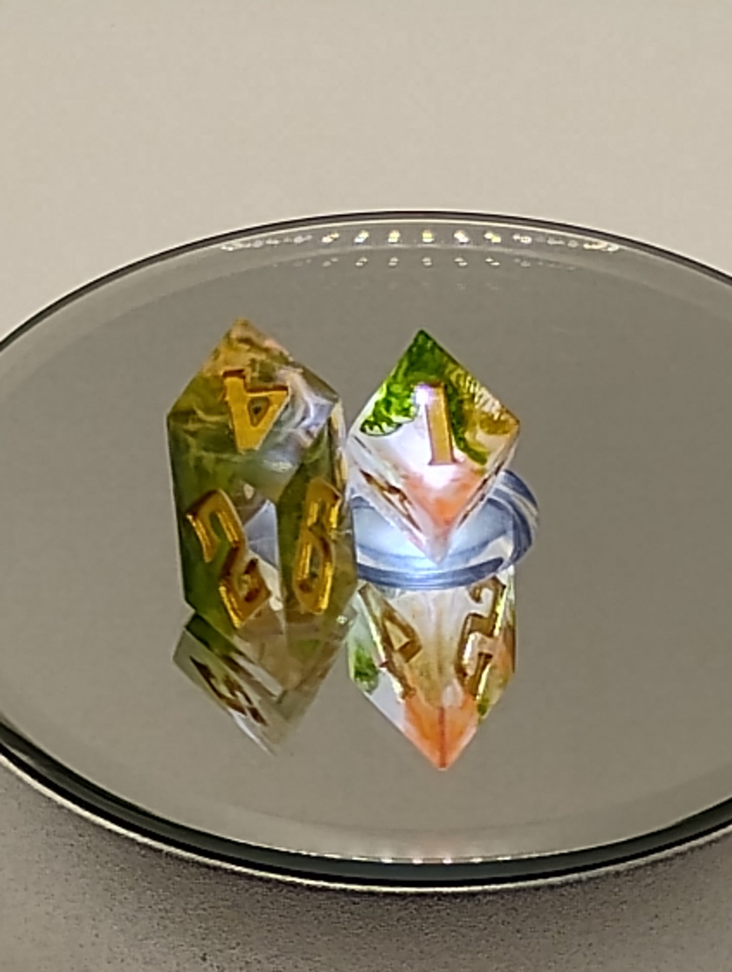 Handmade Rhombic D6 Dice Pair – Autumn Leaves Green & Orange | Whimsical Fantasy TTRPG Dice