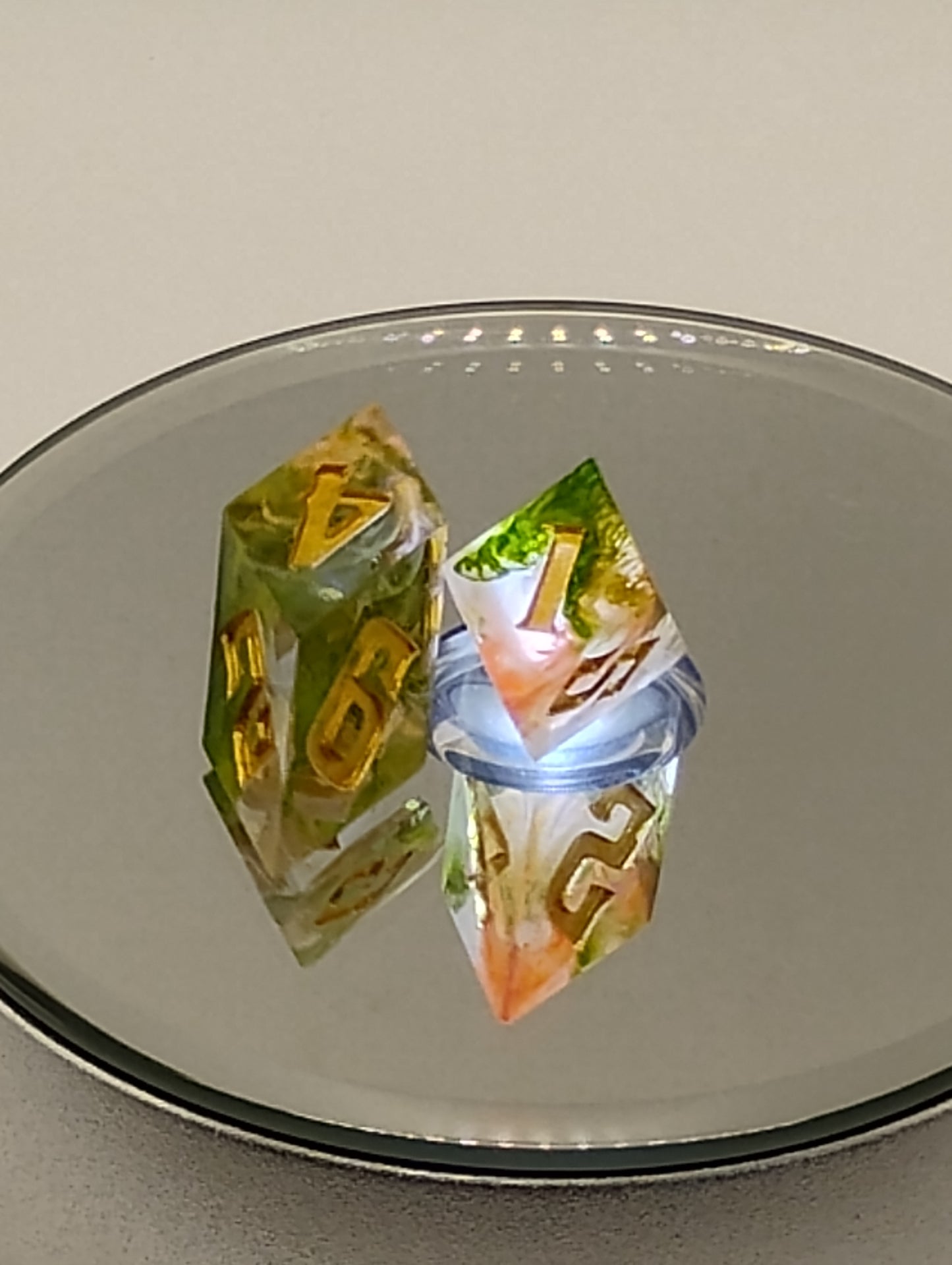 Handmade Rhombic D6 Dice Pair – Autumn Leaves Green & Orange | Whimsical Fantasy TTRPG Dice