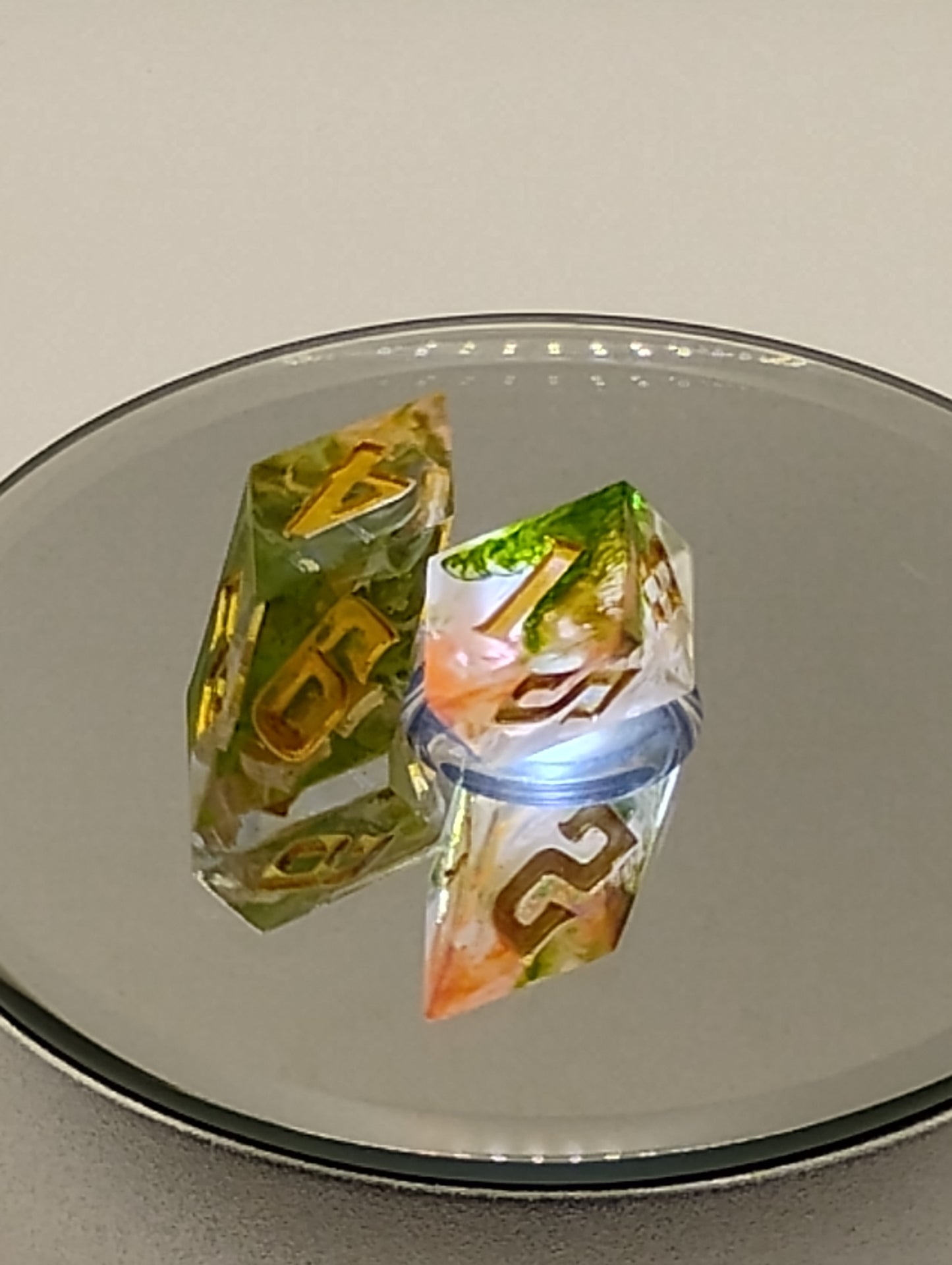 Handmade Rhombic D6 Dice Pair – Autumn Leaves Green & Orange | Whimsical Fantasy TTRPG Dice