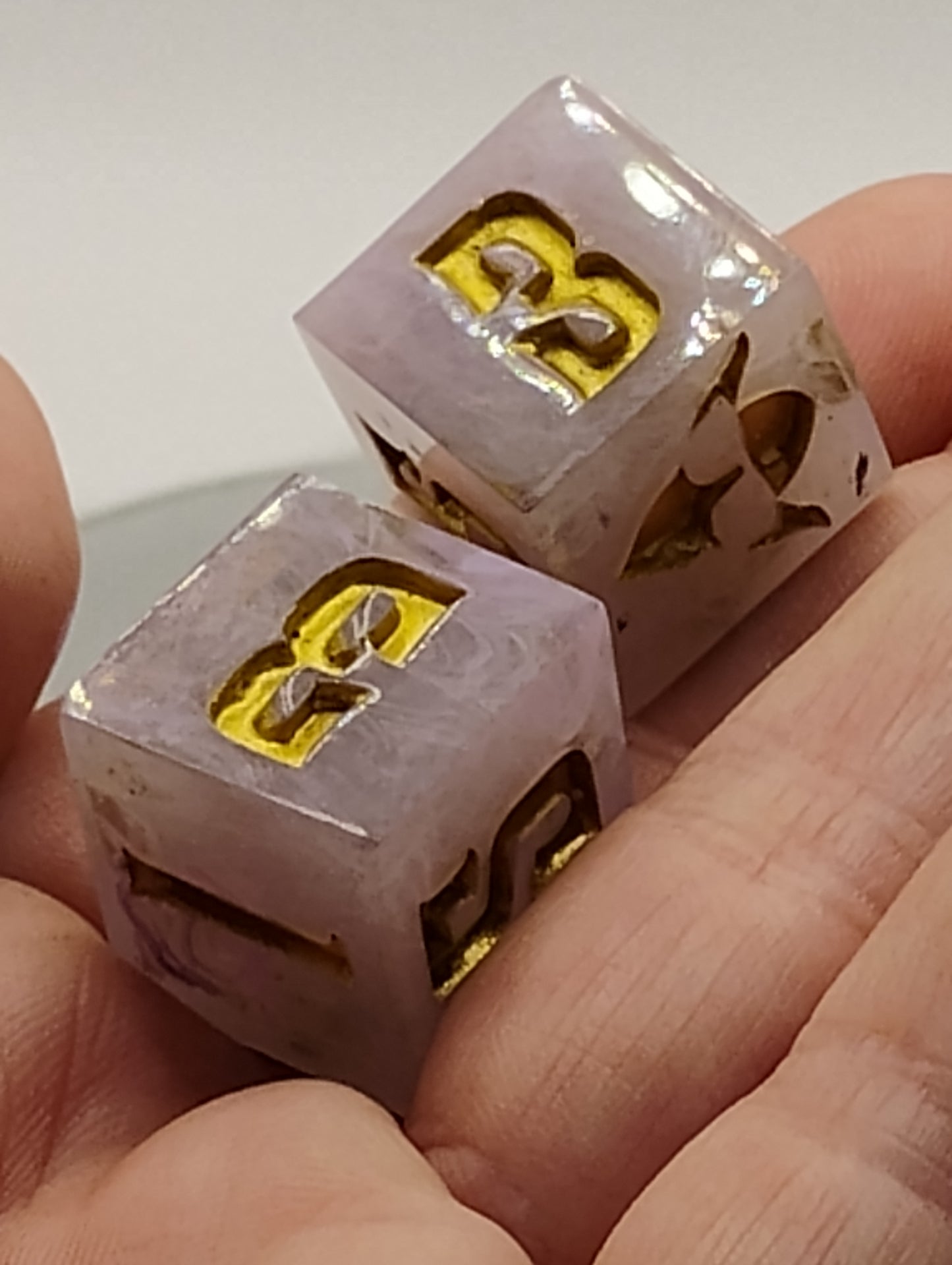 Handmade Angelic D6 Dice Pair – White & Gold Shimmer | Whimsical TTRPG Dice