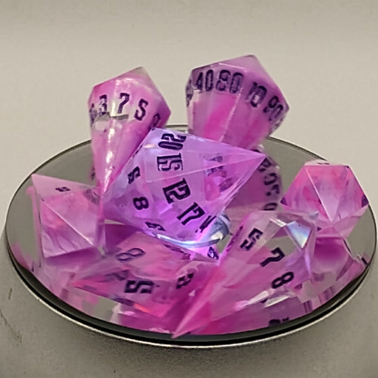 Rosequartz Veil – Pink and Clear Swirled Crystal Dice Set for TTRPG Adventures