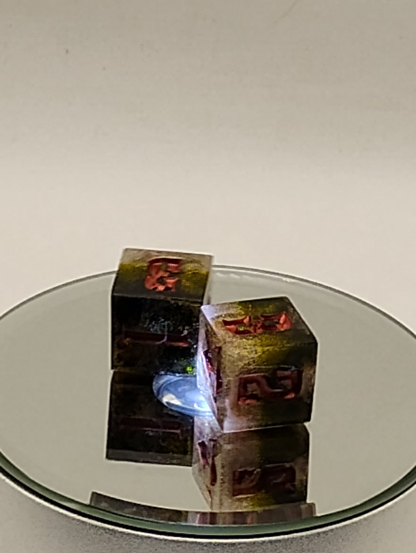 Handcrafted D6 Dice Pair – Black & Gold Shimmer with Red Ink | Dark Fantasy TTRPG Dice