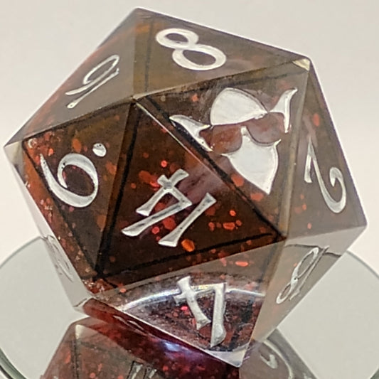 Ravenheart Monolith – 78mm Handmade Chonk D20 with Red Glitter and Ghostly Raven Skull Core
