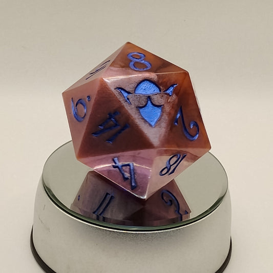 Celestial Bloom – 78mm Handmade Chonk D20 with Red and Pink Swirls, Shimmer, and Blue In