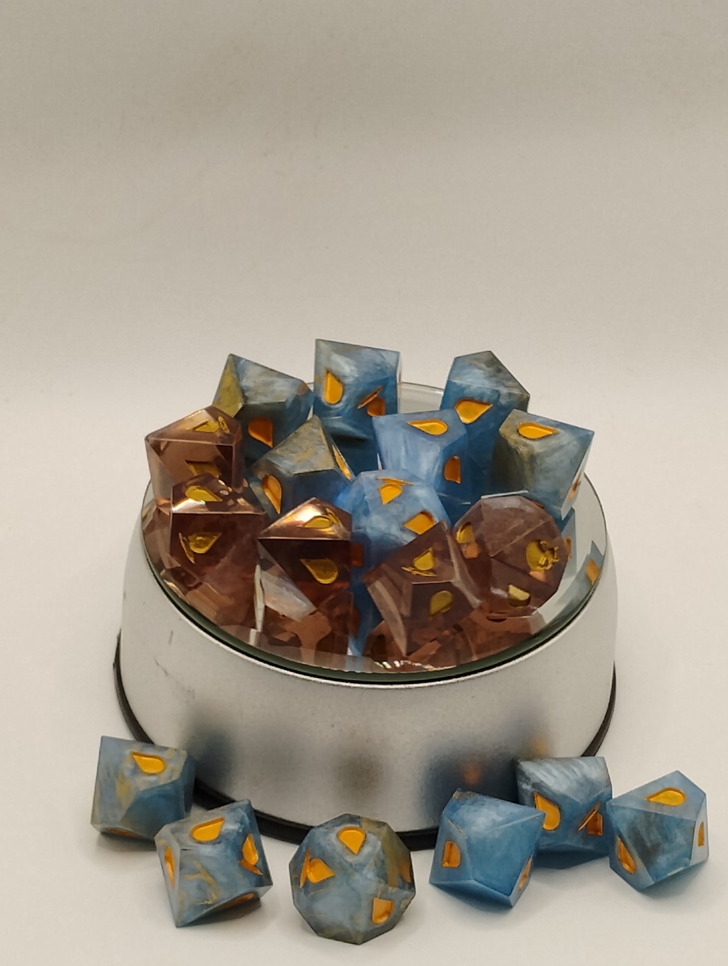 Handcrafted Vampire: The Masquerade Dice Set Warm Brandy & Cool Blue with Copper Ink Unique TTRPG Gaming Accessories