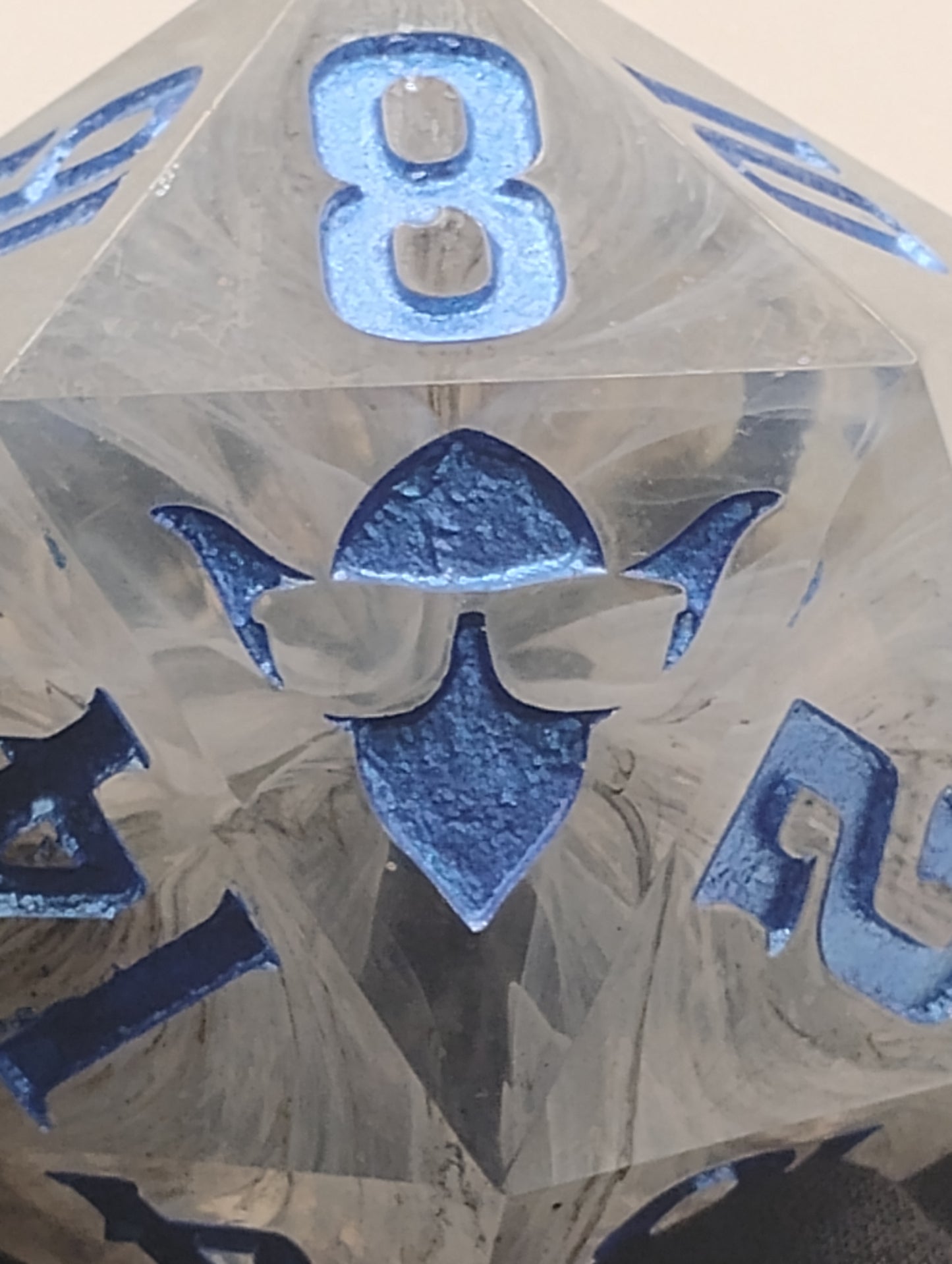 One-of-a-Kind 65mm “Soulfog Chonk” D20 – Handmade Giant DnD Die with Trapped Grey Smoke & Metallic Blue Numbers | Ominous Oversized Dice for Dark Campaigns