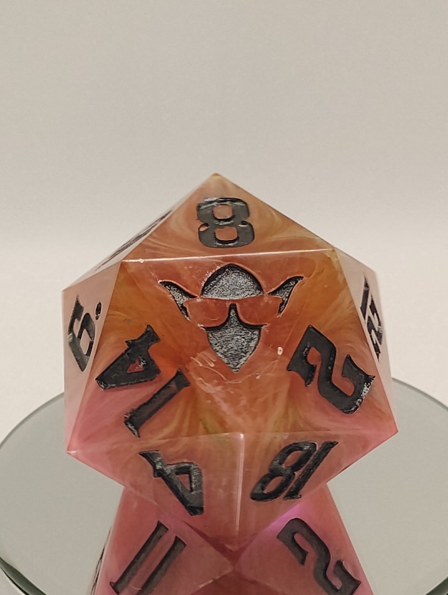One-of-a-Kind 65mm Sunset Cataclysm Chonk D20 Handmade Giant DnD Die with Pink Orange & White Whisps and Oil-Slick Metallic Inking