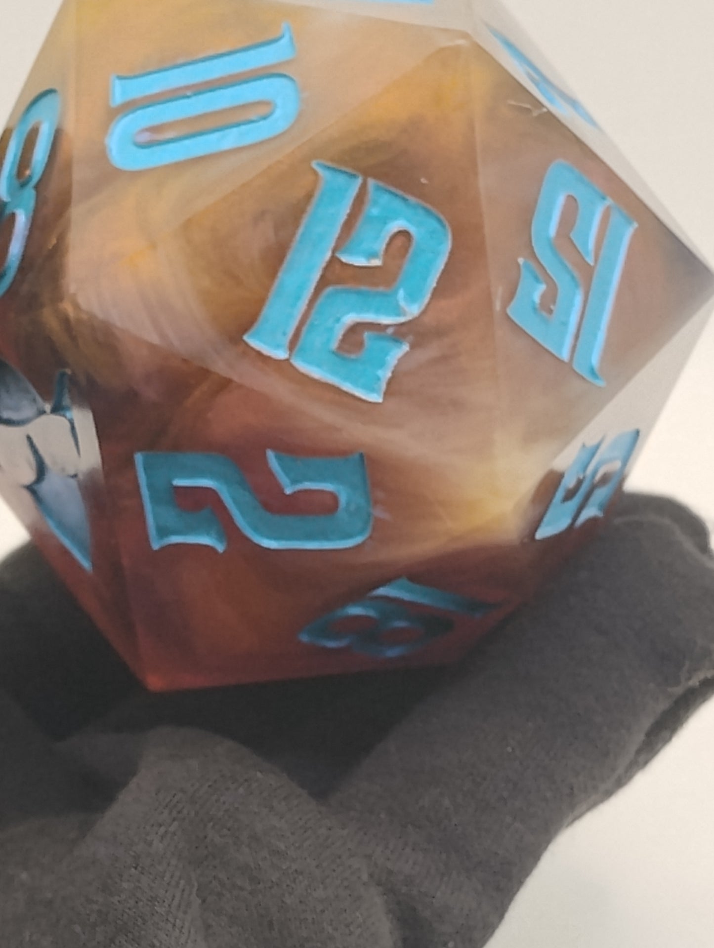 85mm Infernal Reliquary Chonk D20 – Handmade Giant DnD Die with Captured Flames & Smoke Whisps, Metallic Turquoise Numbers