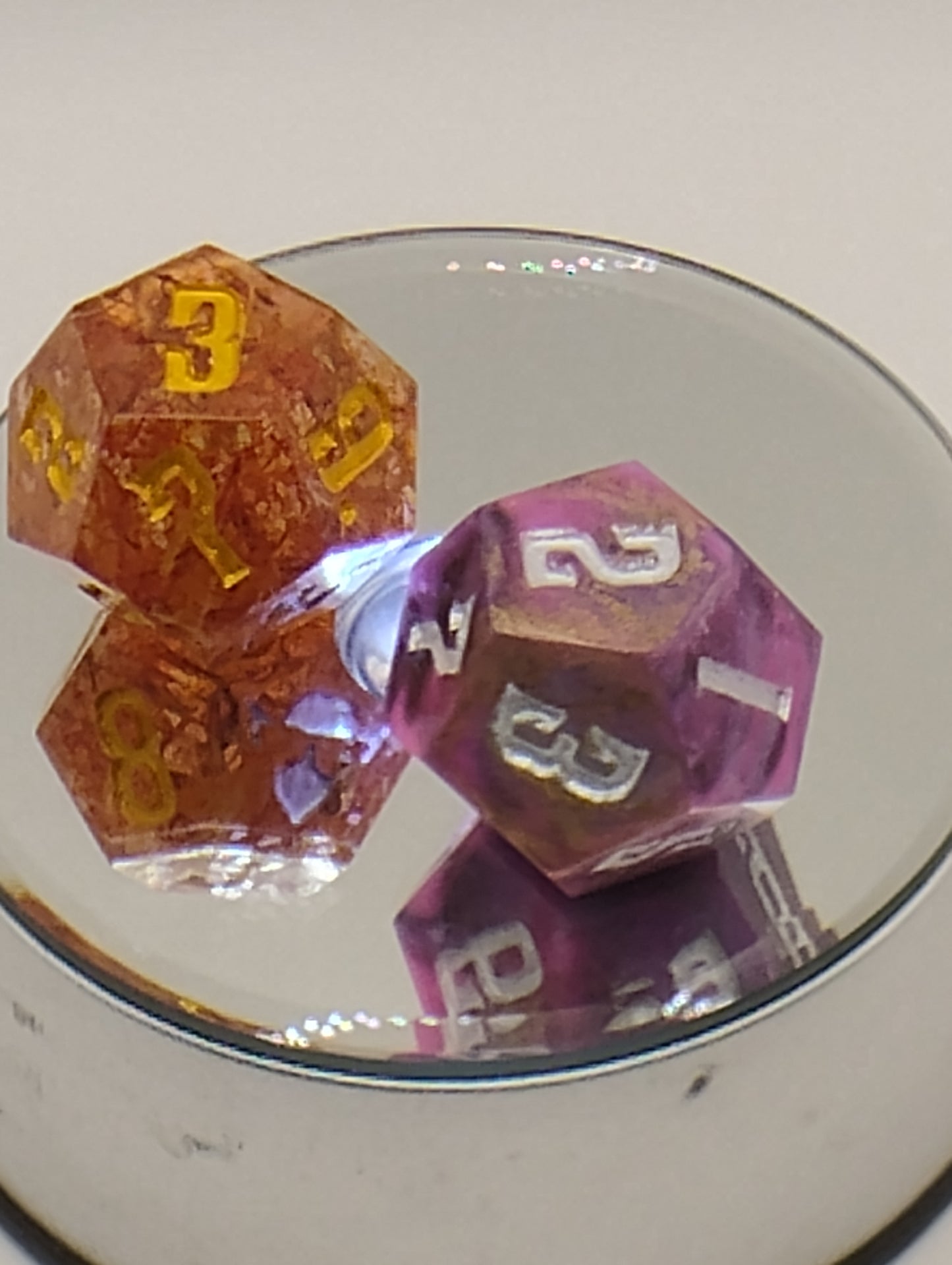 Dagger Heart Whimsical Purple & Orange DnD Dice Set – 2 Piece RPG Dice with Gold and Silver Numbers for Dungeons and Dragons and TTRPGs