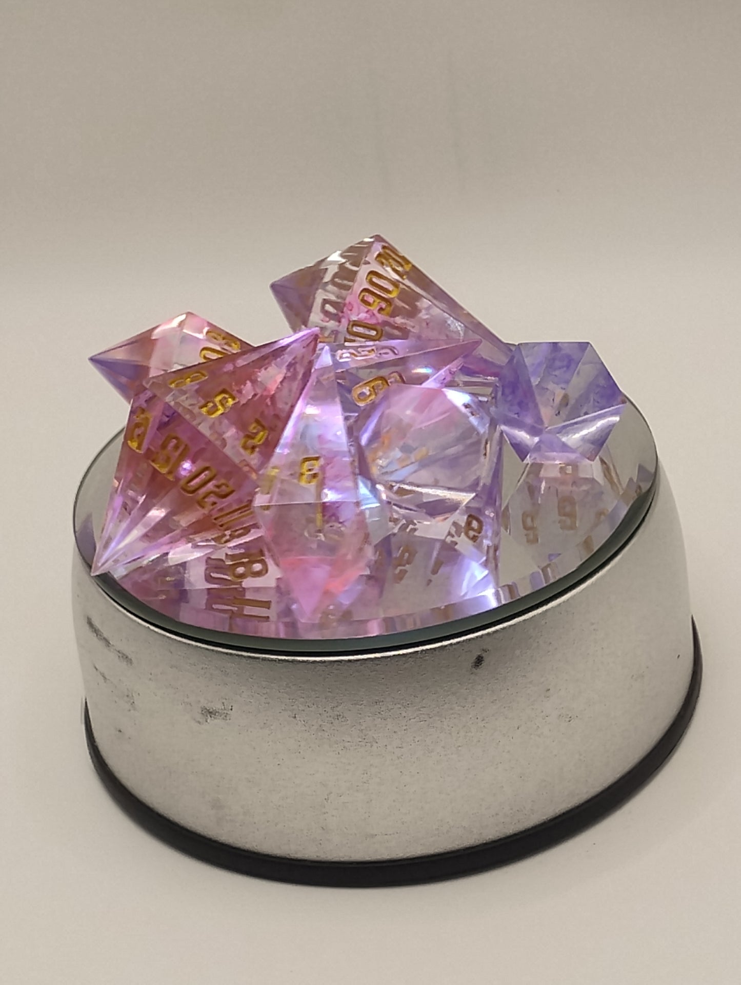 Dark Fantasy Whimsical Pink Crystal DnD Dice Set – 7 Piece Clear Resin RPG Dice with Gold Numbers for Dungeons & Dragons & TTRPGs