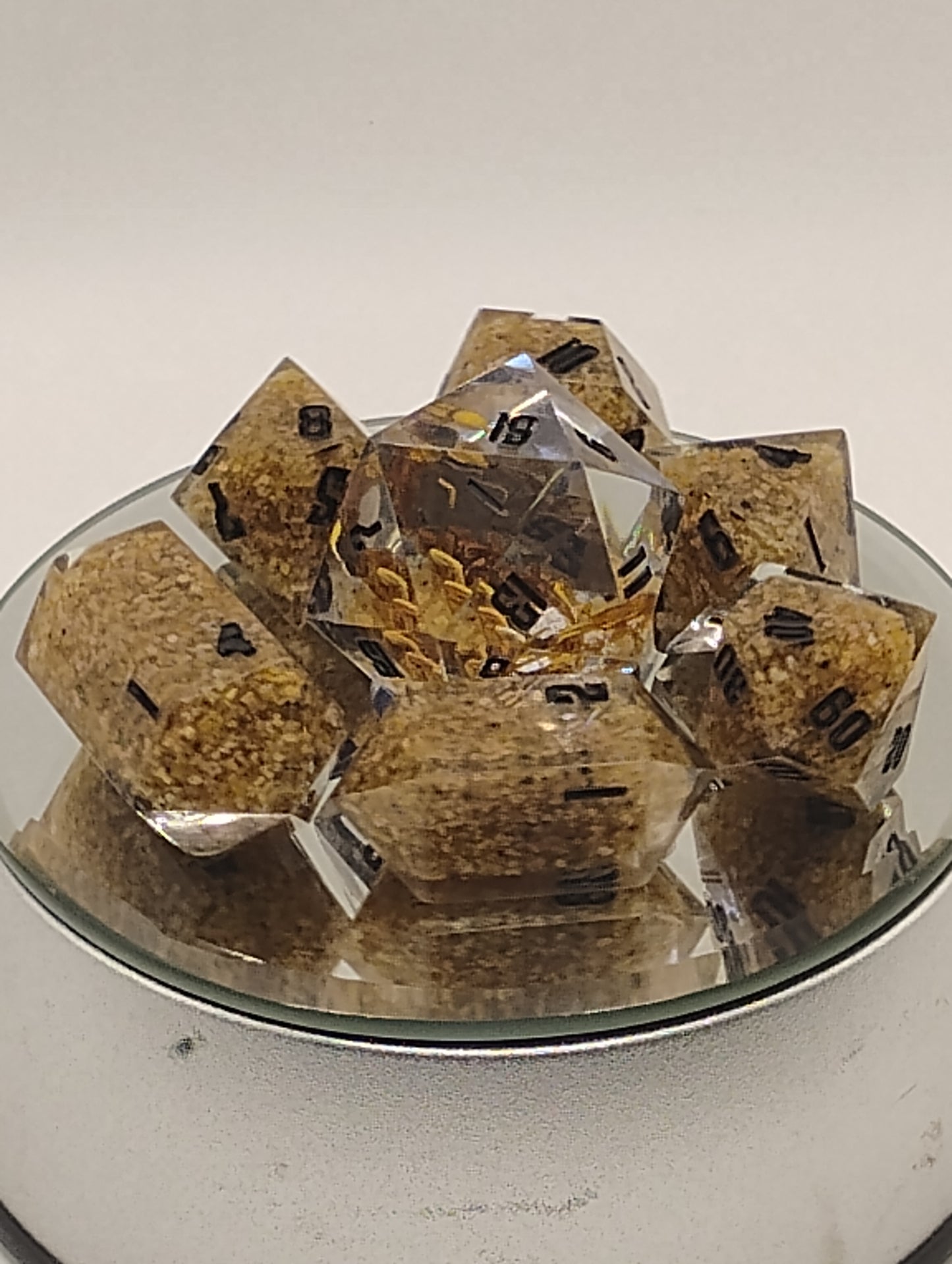 Scorpion Sands Handmade DnD Dice | Clear Resin Dice with Real Scorpions & Desert Sand | Black Ink TTRPG Dice Set