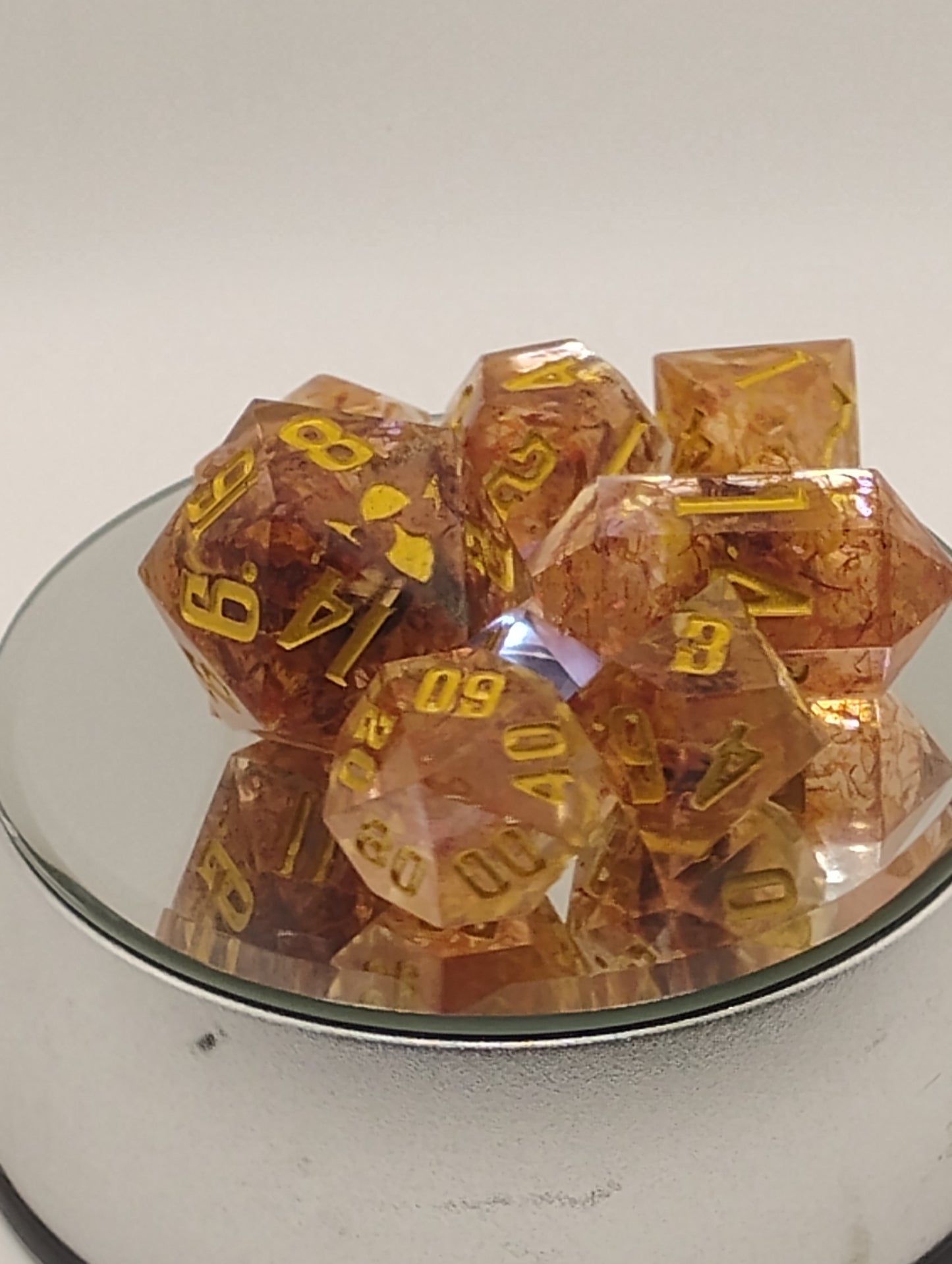 Golden Saffron Tea Handmade DnD Dice | Clear Resin Dice with Saffron Tea Leaves & Gold Ink | Fantasy TTRPG Dice Set