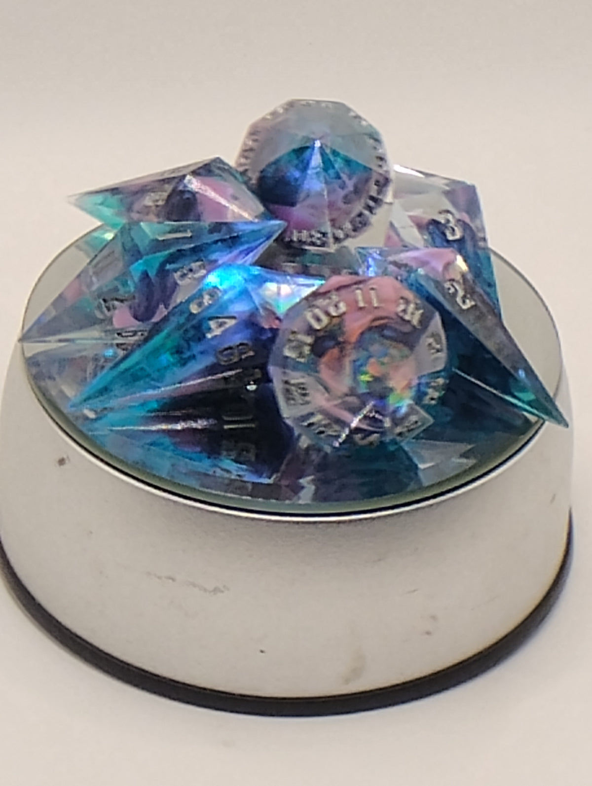 Blue & Pink Swirl Handmade D&D Crystal Dice Set | Silver Ink TTRPG Dice | Dungeons & Dragons Polyhedral Dice
