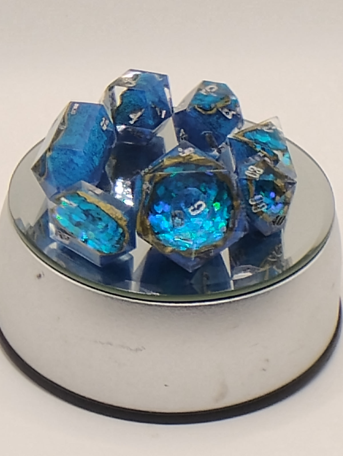 2 Carat Natural Sapphire Geode D&D Dice Set | Handmade Blue and Teal Luxury TTRPG Dice | Silver Ink Dice