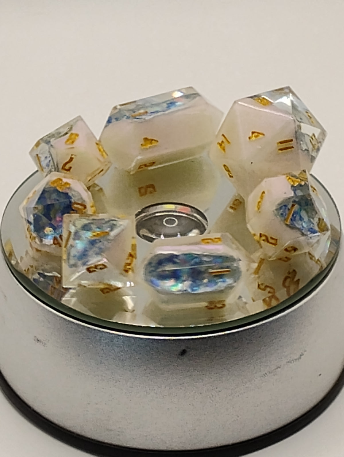 Frozen Geodes | Luxury White & Blue Handmade Geode D&D Dice Set | Gold Ink TTRPG Dice | Artisan Dungeons & Dragons Dice