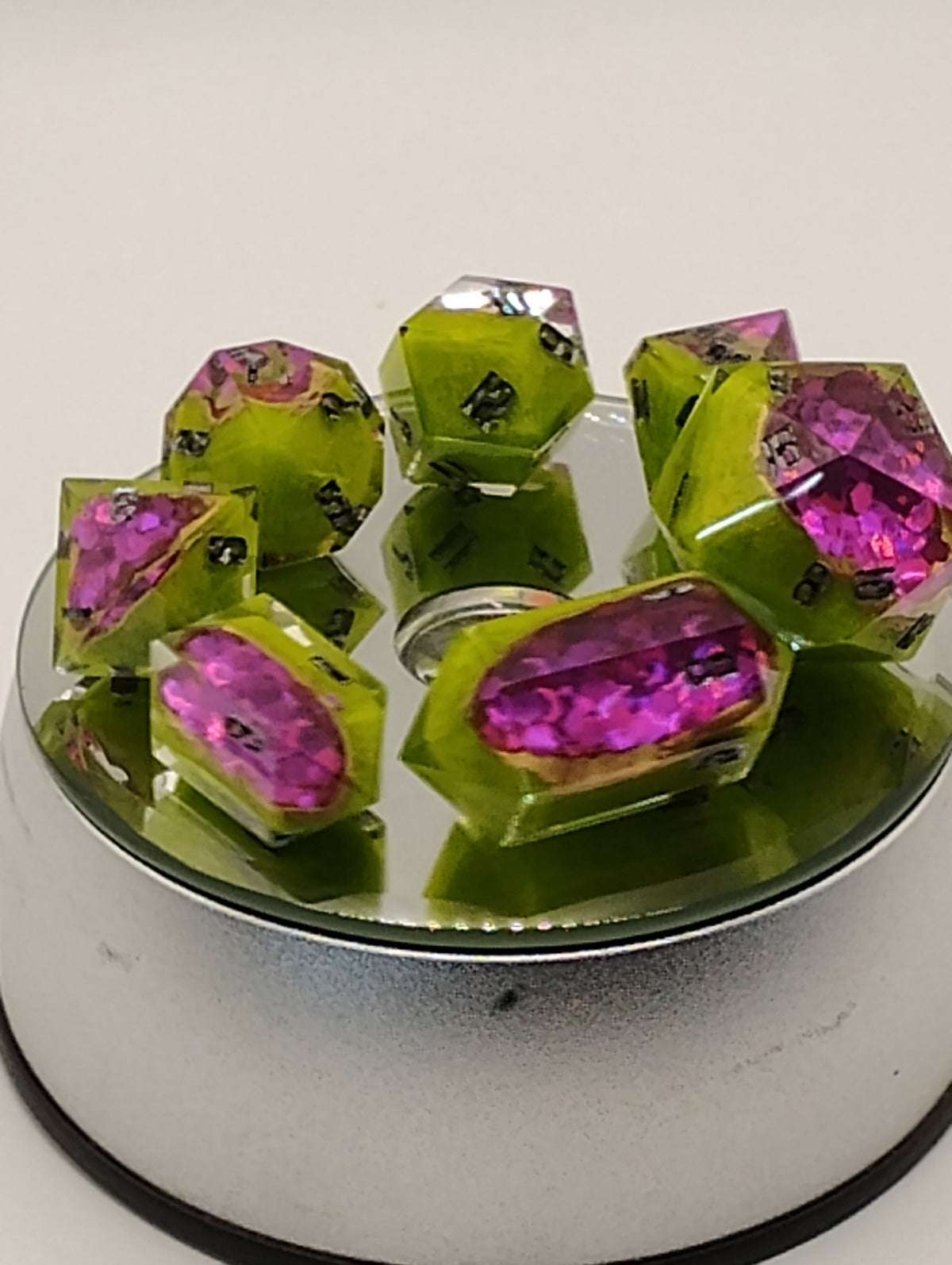Candy Apple Geodes | Handmade Green & Pink Geode D&D Dice Set | Black Ink TTRPG Dice | Luxury Artisan Dungeons & Dragons Dice