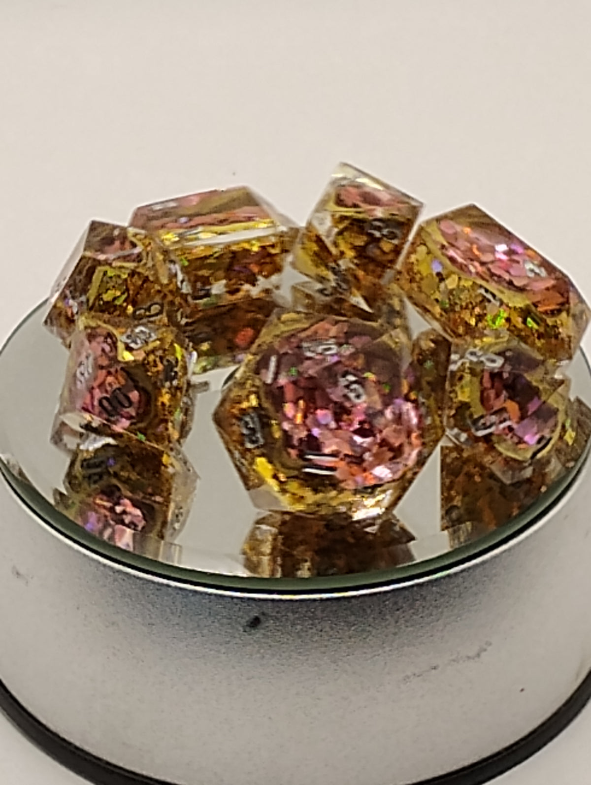 2 Carat + 100 pts. Watermelon Moissanite Geodes | Handmade Gold & Pink D&D Dice Set | Silver Ink TTRPG Dice