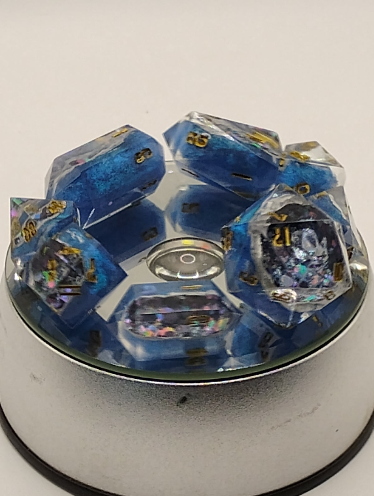 2 Carat + 100pts Ice Blue Moissanite Geode | Handmade Blue & Silver D&D Dice Set | Gold Ink TTRPG Dice