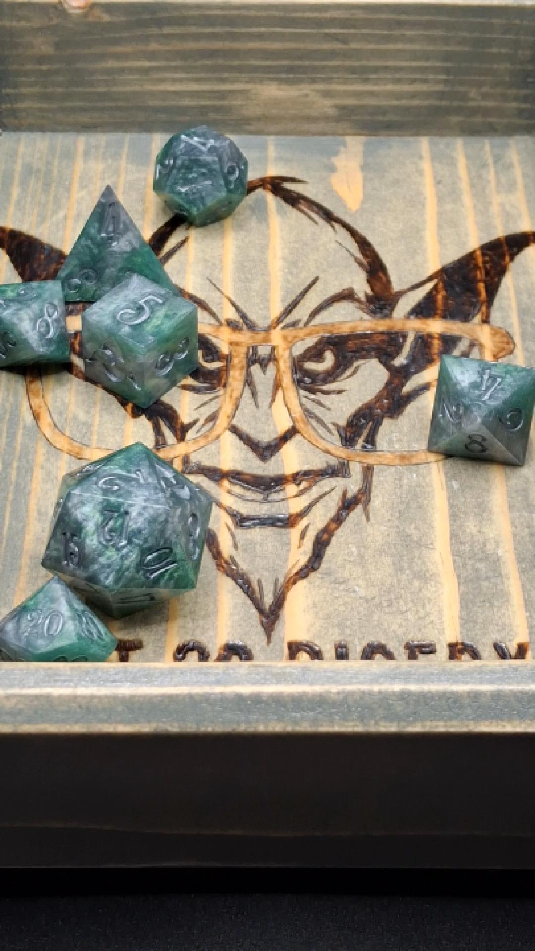 Green Silver Micca Swirl Dice TTRPG Dice Standard 7 Sharp Sided Hand Made Dice Pathfinder | Dungeons and Dragons