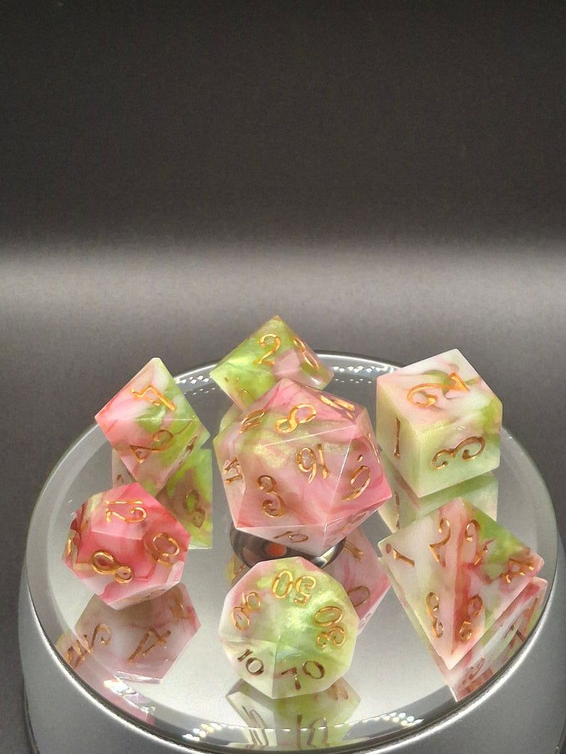 Enchanting Pink & Green Marble Dice Set - Perfect for TTRPG Adventures!