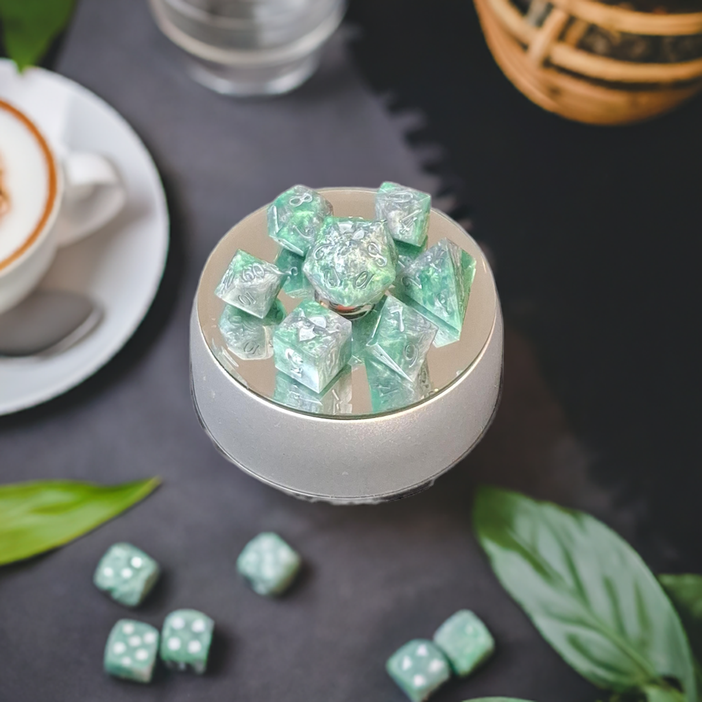 Green Silver Micca Swirl Dice TTRPG Dice Standard 7 Sharp Sided Hand Made Dice Pathfinder | Dungeons and Dragons