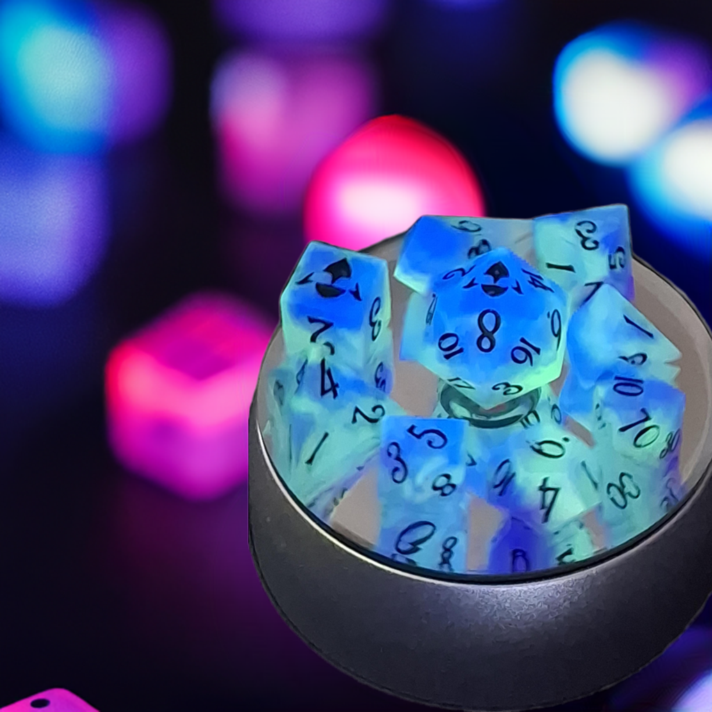 GLOW Dice | TTRPG Dice | Glow in the Dark | Purple Green | Pathfinder | Dungeons and Dragons | Glowing Dice