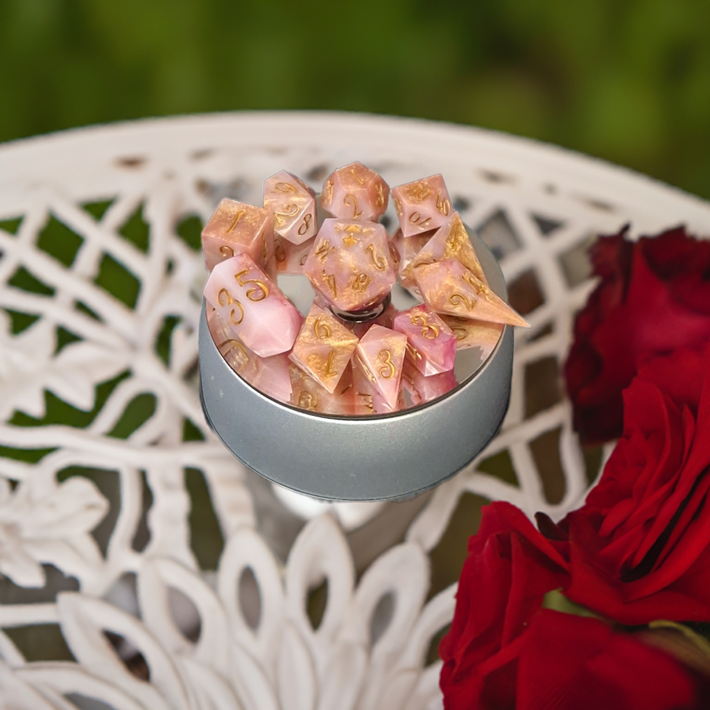 Victorian Steampunk Rose Garden Dice Set Sharp Sided Hand Made Dice DnD Dungeons and Dragons | TTRPG | Role Playing Games