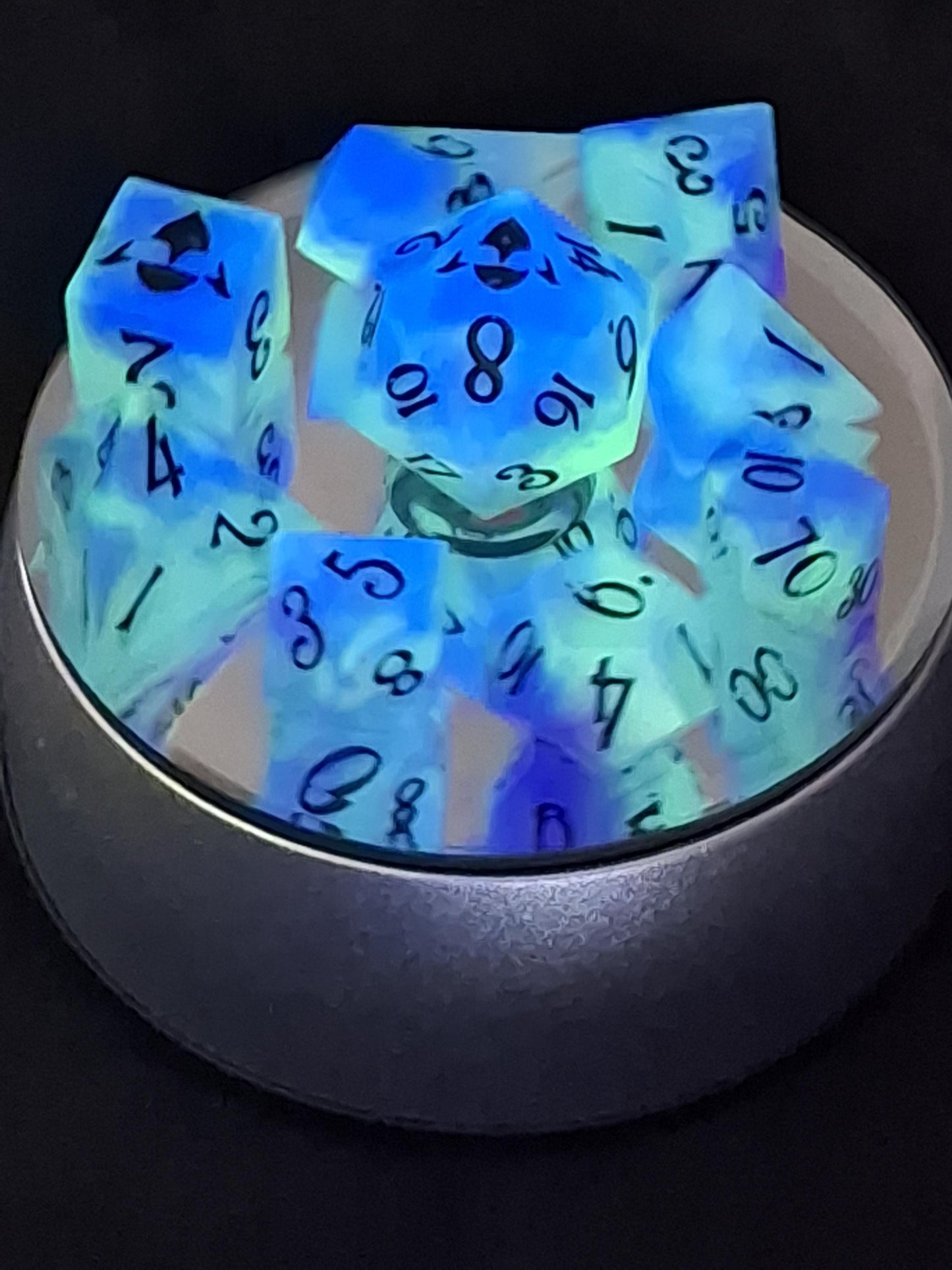 GLOW Dice | TTRPG Dice | Glow in the Dark | Purple Green | Pathfinder | Dungeons and Dragons | Glowing Dice
