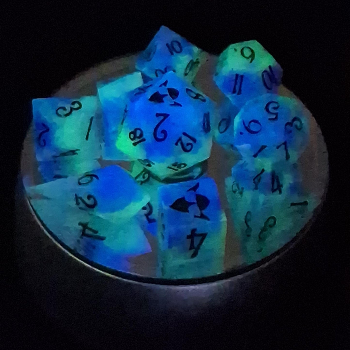 GLOW Dice | TTRPG Dice | Glow in the Dark | Purple Green | Pathfinder | Dungeons and Dragons | Glowing Dice