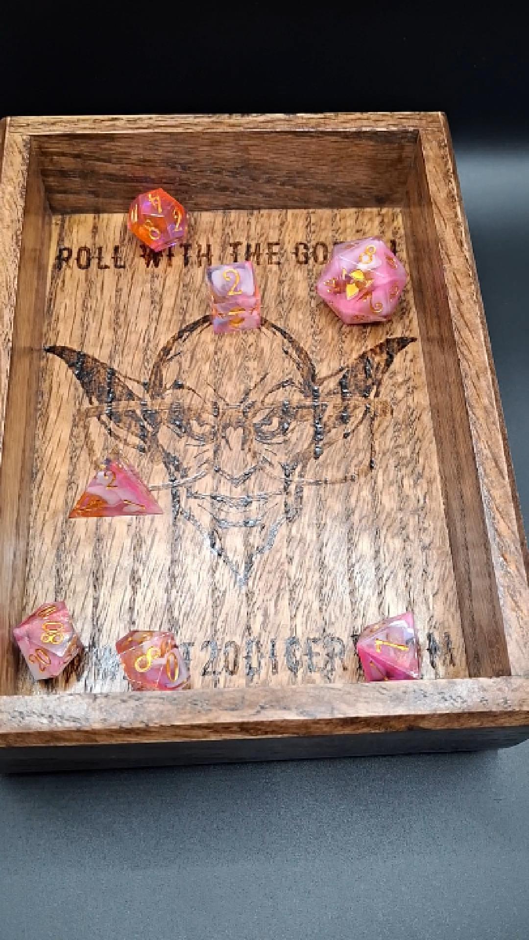 🌑 Goblinshade Hollow – Dark Walnut Dice Tray with the Dice Goblin’s Mark