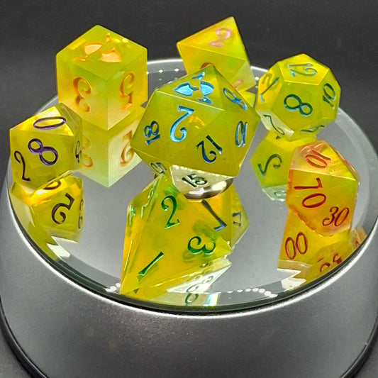 Yellow Shimmer Rainbow Ink Dice Set | Sharp Sided Dice | polyhedral Dice | Table Top Role Playing Dice | TTRPG | DnD | Dungeons and Dragons
