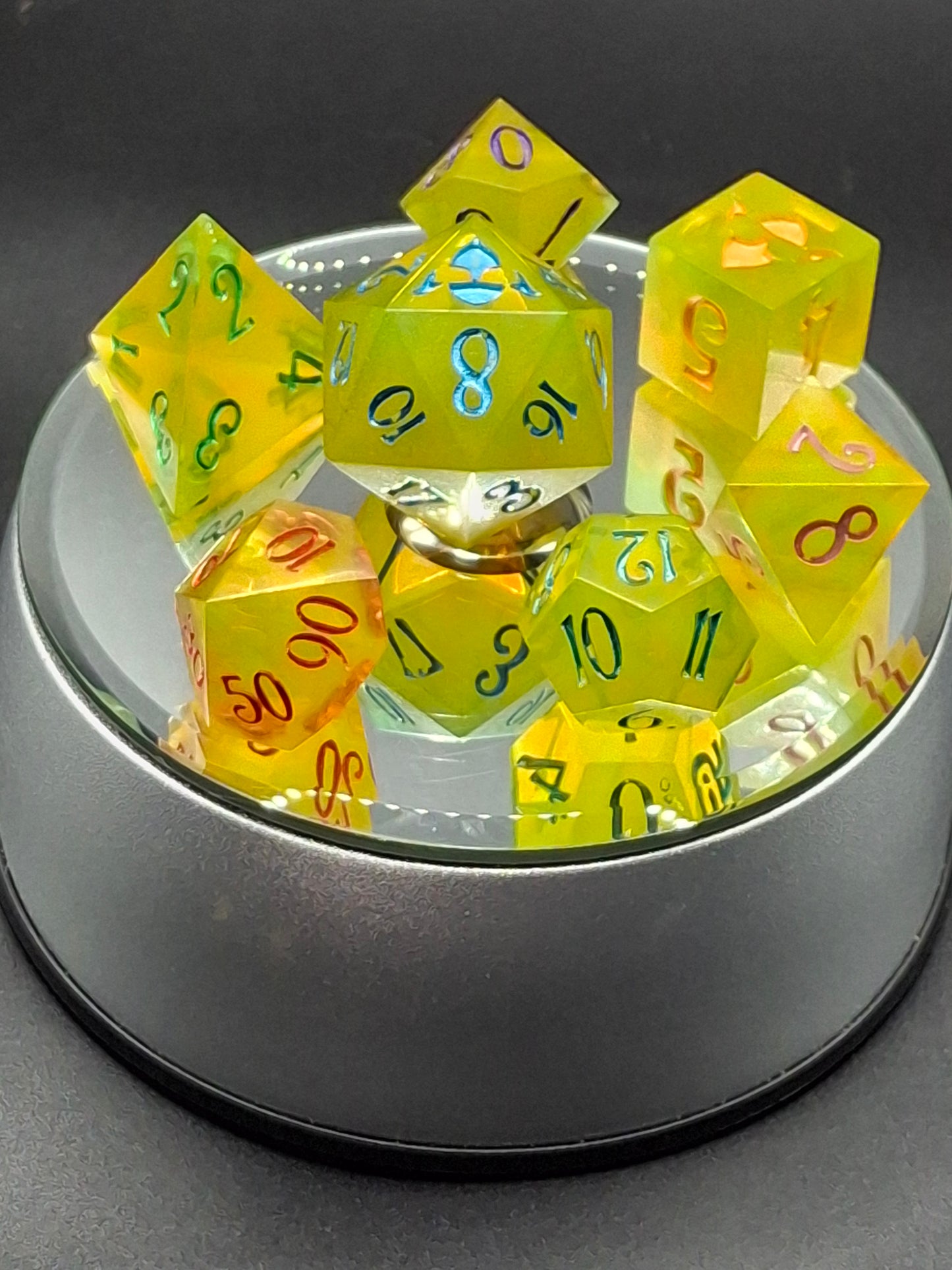 Yellow Shimmer Rainbow Ink Dice Set | Sharp Sided Dice | polyhedral Dice | Table Top Role Playing Dice | TTRPG | DnD | Dungeons and Dragons