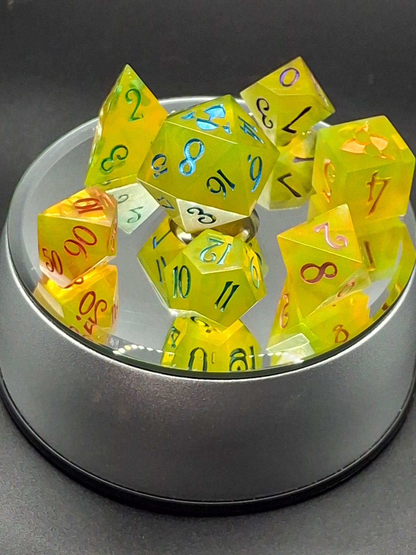 Yellow Shimmer Rainbow Ink Dice Set | Sharp Sided Dice | polyhedral Dice | Table Top Role Playing Dice | TTRPG | DnD | Dungeons and Dragons