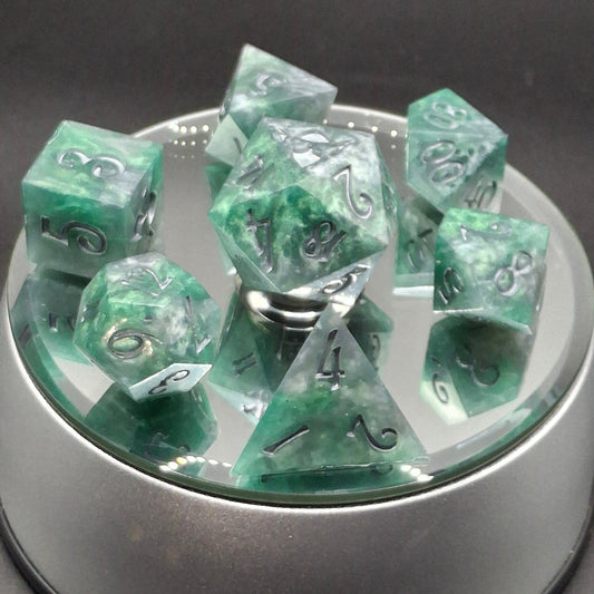 Green Silver Micca Swirl Dice TTRPG Dice Standard 7 Sharp Sided Hand Made Dice Pathfinder | Dungeons and Dragons