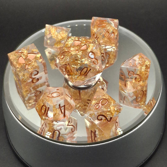 Crystal Gold Set of 7 Dice Dnd Dice TTRPG Dice Set Tabletop Gaming Dungeons and Dragons Pathfinder Hand Made Sharp Sided Dice