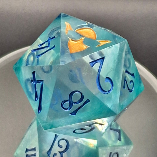 Mystic Arcana D20 Transparent Teal Resin Dice 55mm Chonk Sharp Edge Handmade DnD Die