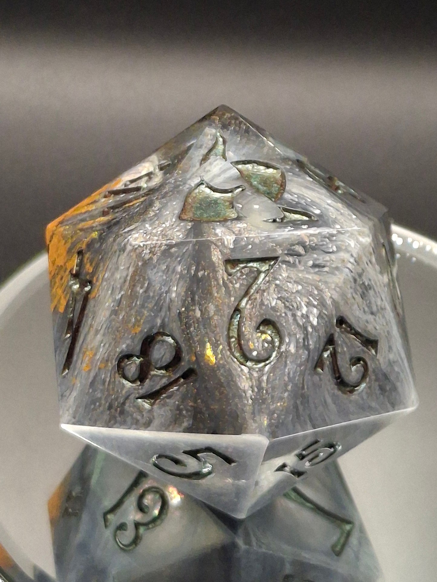 55mm Black, White & Clear Chonk D20 – Handmade Sharp-Edged Dice with Color-Shifting TurboDork Ink for DnD