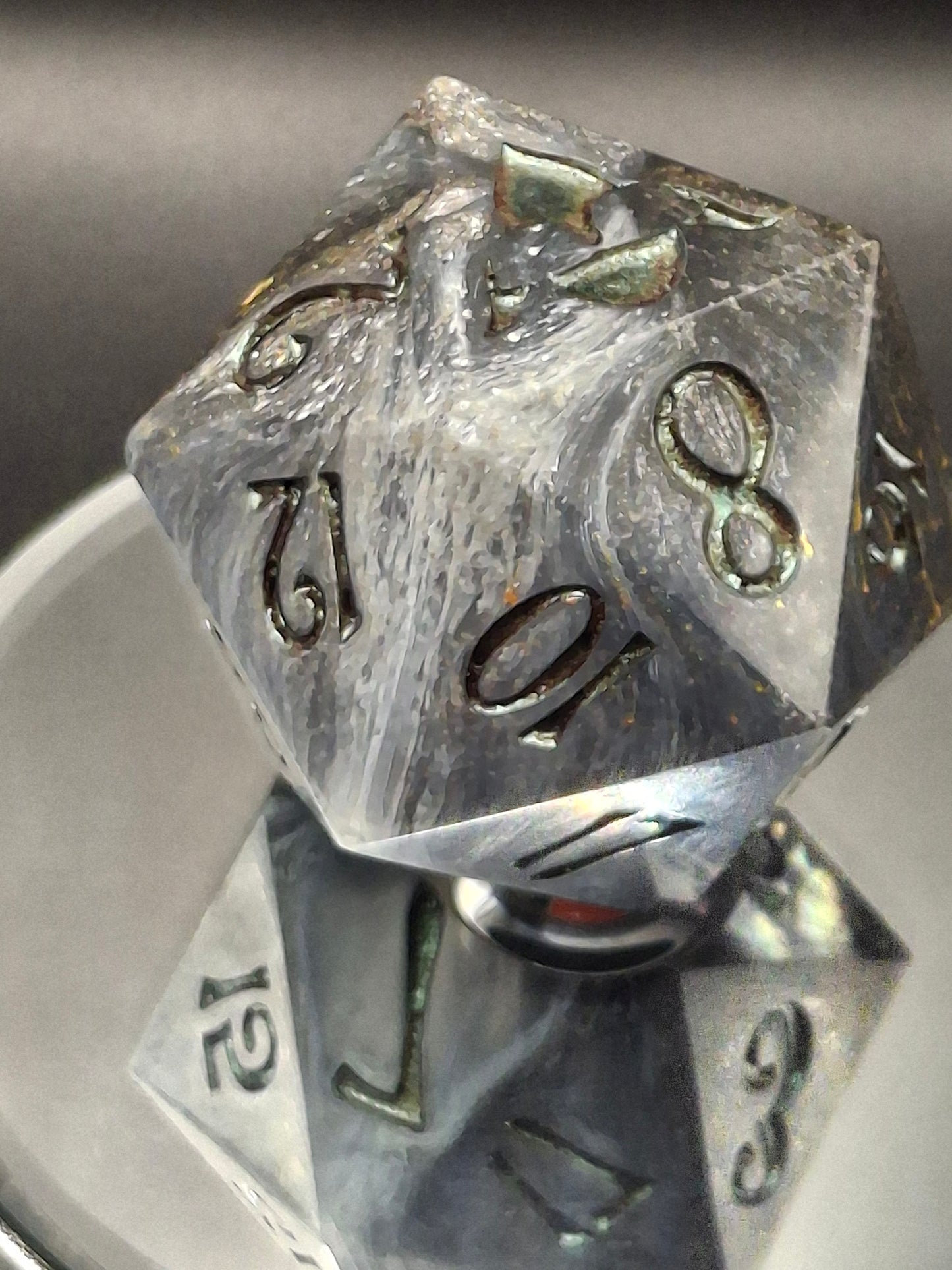 55mm Black, White & Clear Chonk D20 – Handmade Sharp-Edged Dice with Color-Shifting TurboDork Ink for DnD