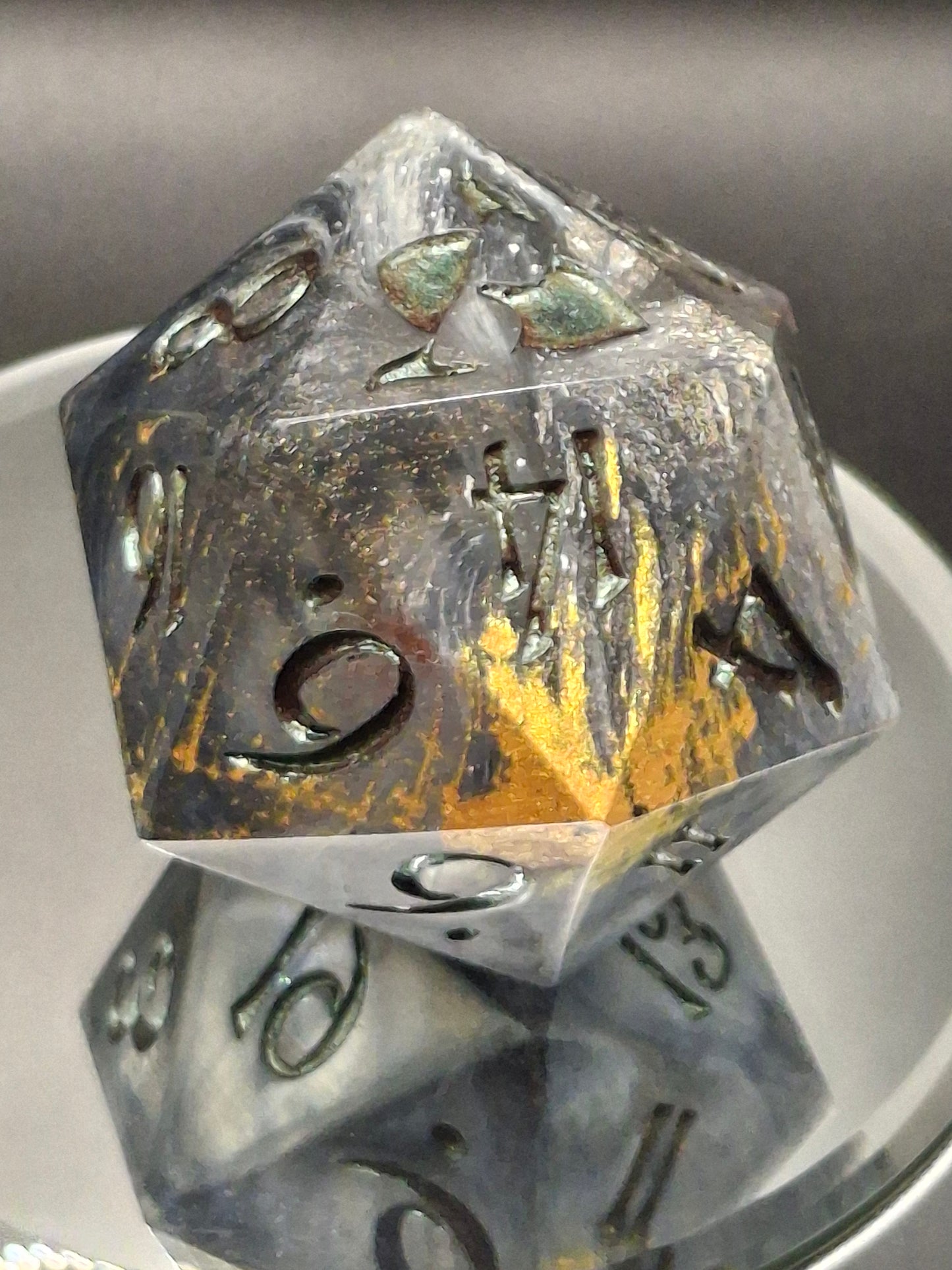55mm Black, White & Clear Chonk D20 – Handmade Sharp-Edged Dice with Color-Shifting TurboDork Ink for DnD